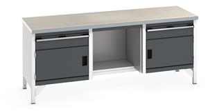 Bott Cubio Storage Workbench 2000mm wide x 750mm Deep x 840mm high supplied with a Linoleum worktop (particle board core with grey linoleum surface and plastic edgebanding), 2 x 150mm high drawers, 2 x 350mm high integral storage cupboards and 1... 2000mm Wide Storage Benches